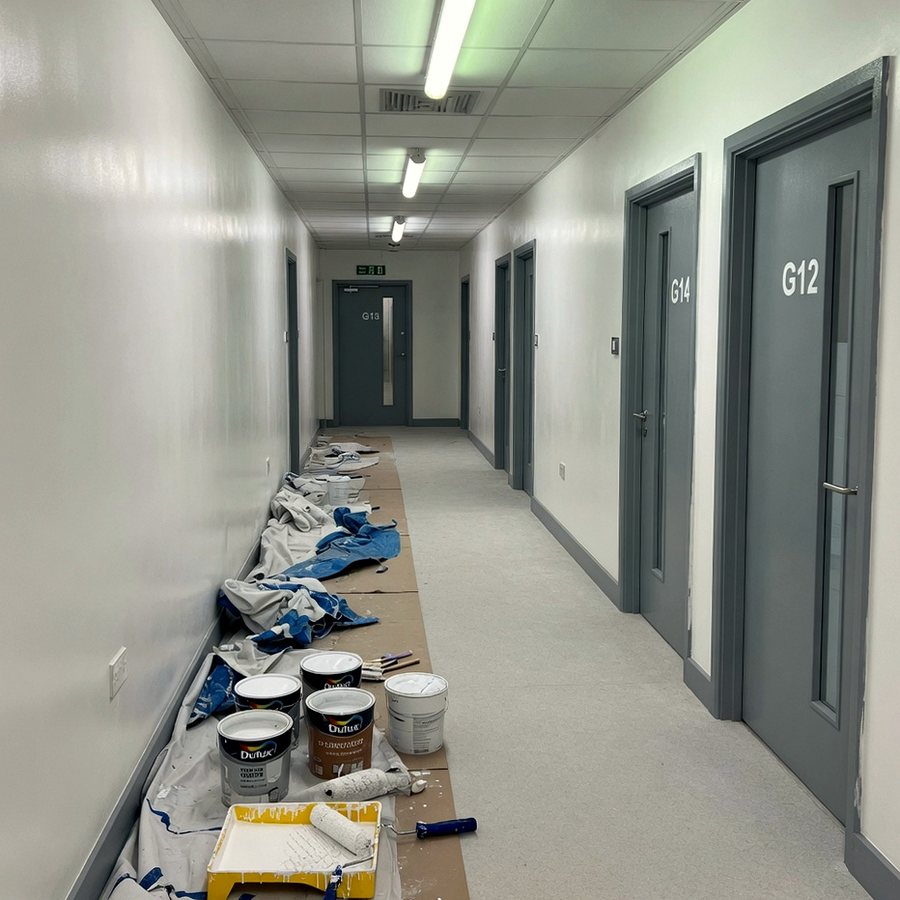 Office corridor with freshly painted walls, grey doors, paint tins and dust sheets